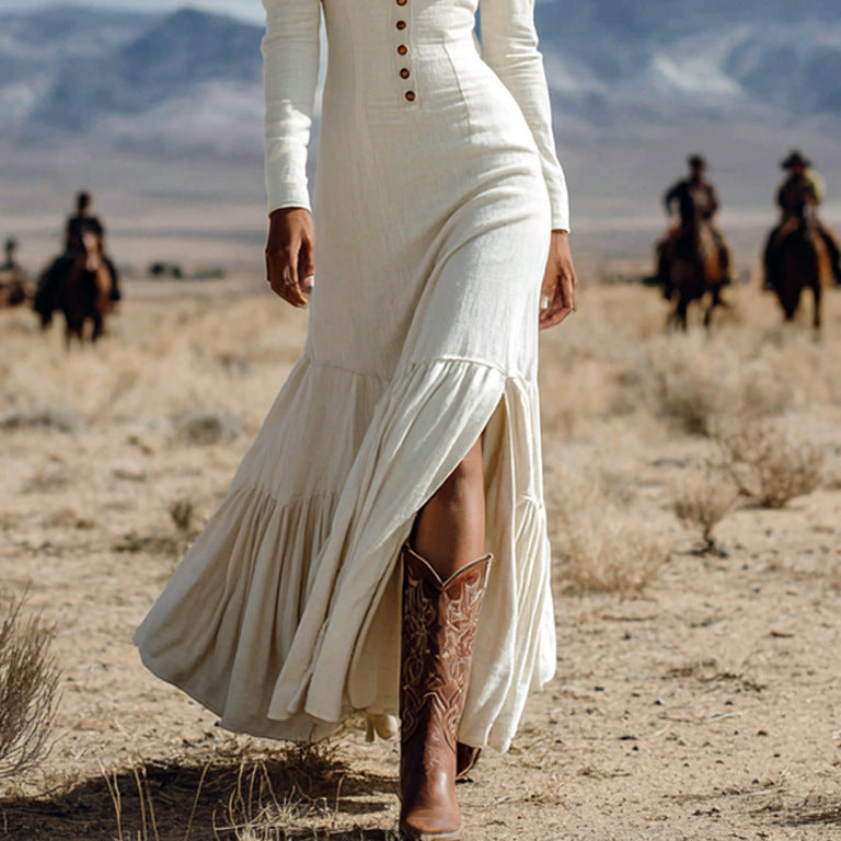 Women's Sexy Long Sleeve Western Style Button-Front Maxi Dress