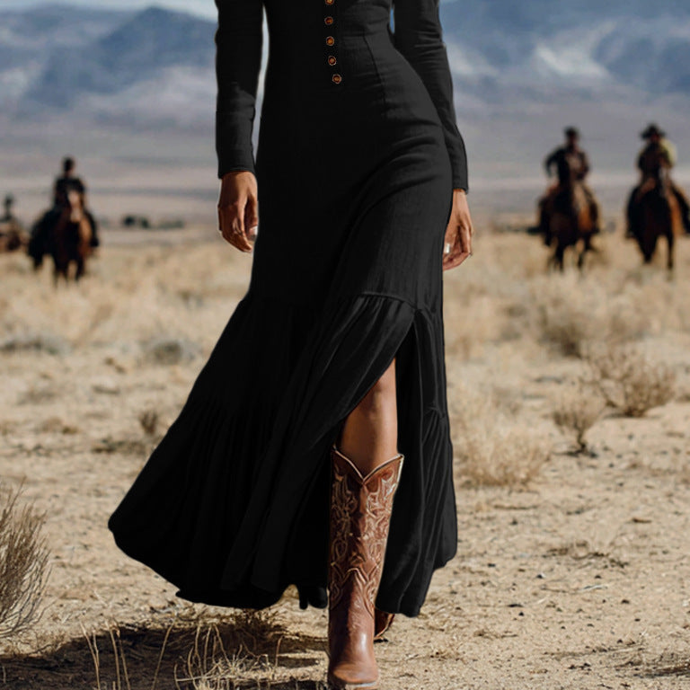 Women's Sexy Long Sleeve Western Style Button-Front Maxi Dress