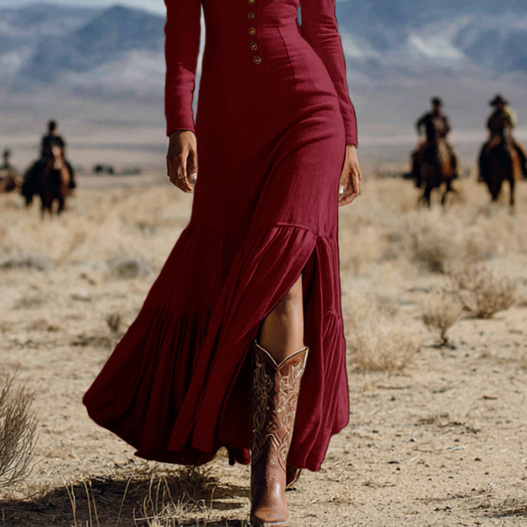 Women's Sexy Long Sleeve Western Style Button-Front Maxi Dress