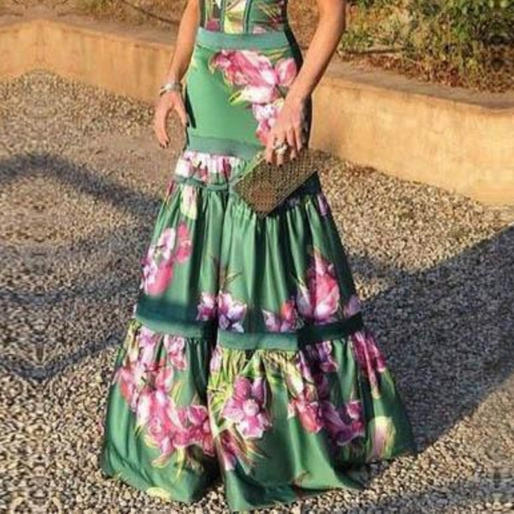 Maxi Satin Long Dress with Printed Panel and Back Straps