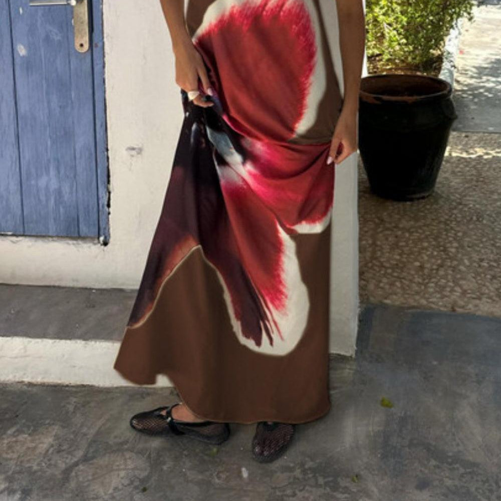 Women's Printed high-neck tube dress with open back and elegant