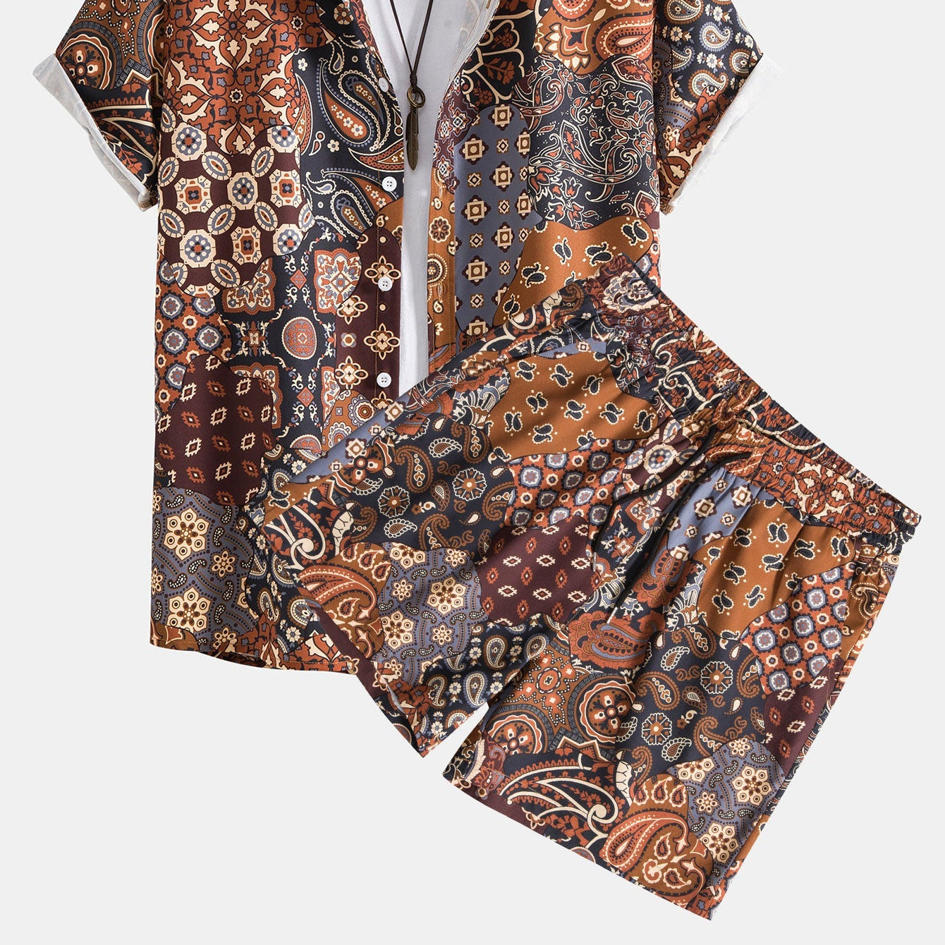 Men's Stylish Paisley Patchwork Print Button-Up Shirt & Shorts Set