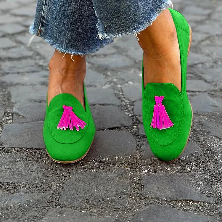 Women's Emerald Green Loafer with a Fuchsia Tassel