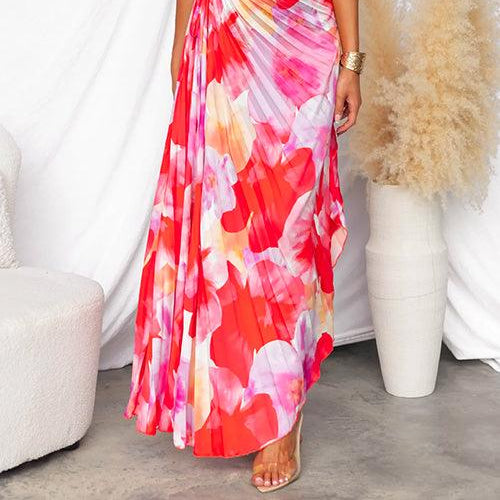 Women's Asymmetrical sleeveless printed and pleated long dress for