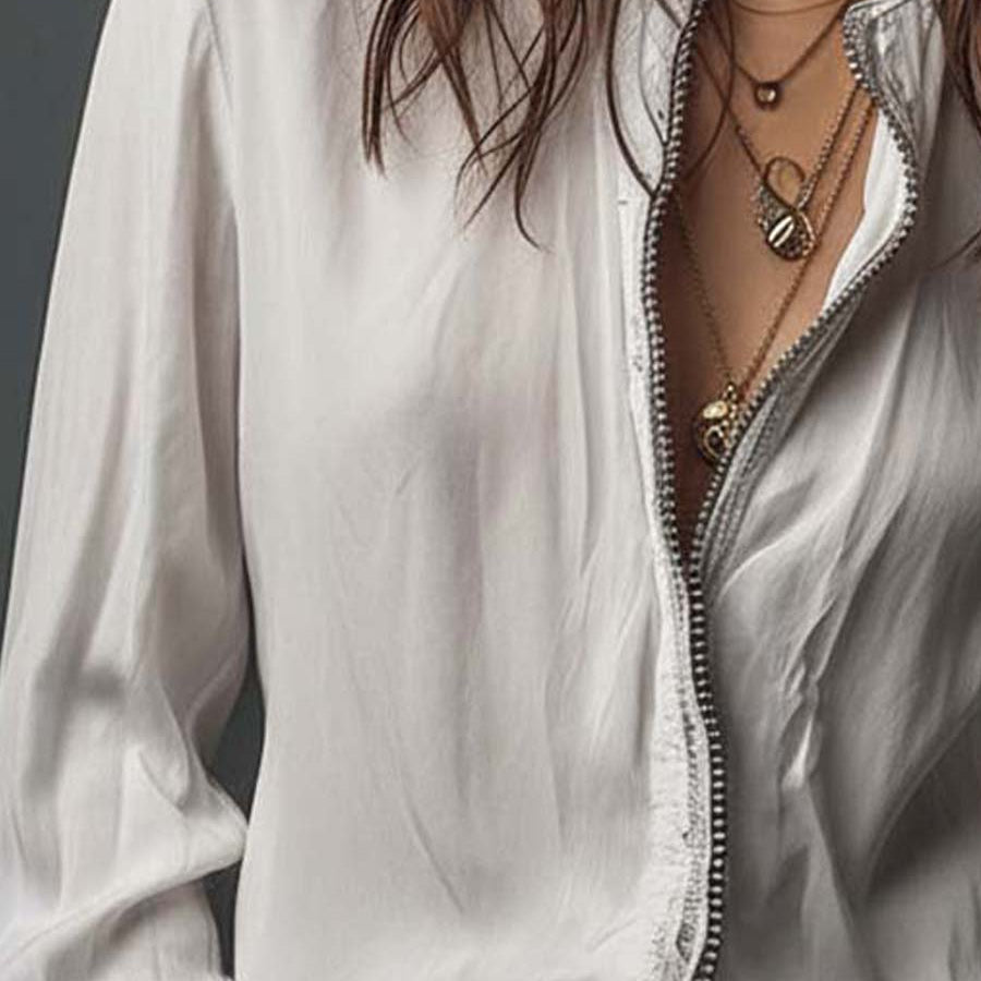 Women's White Ruffled Blouse with Zipper Detail