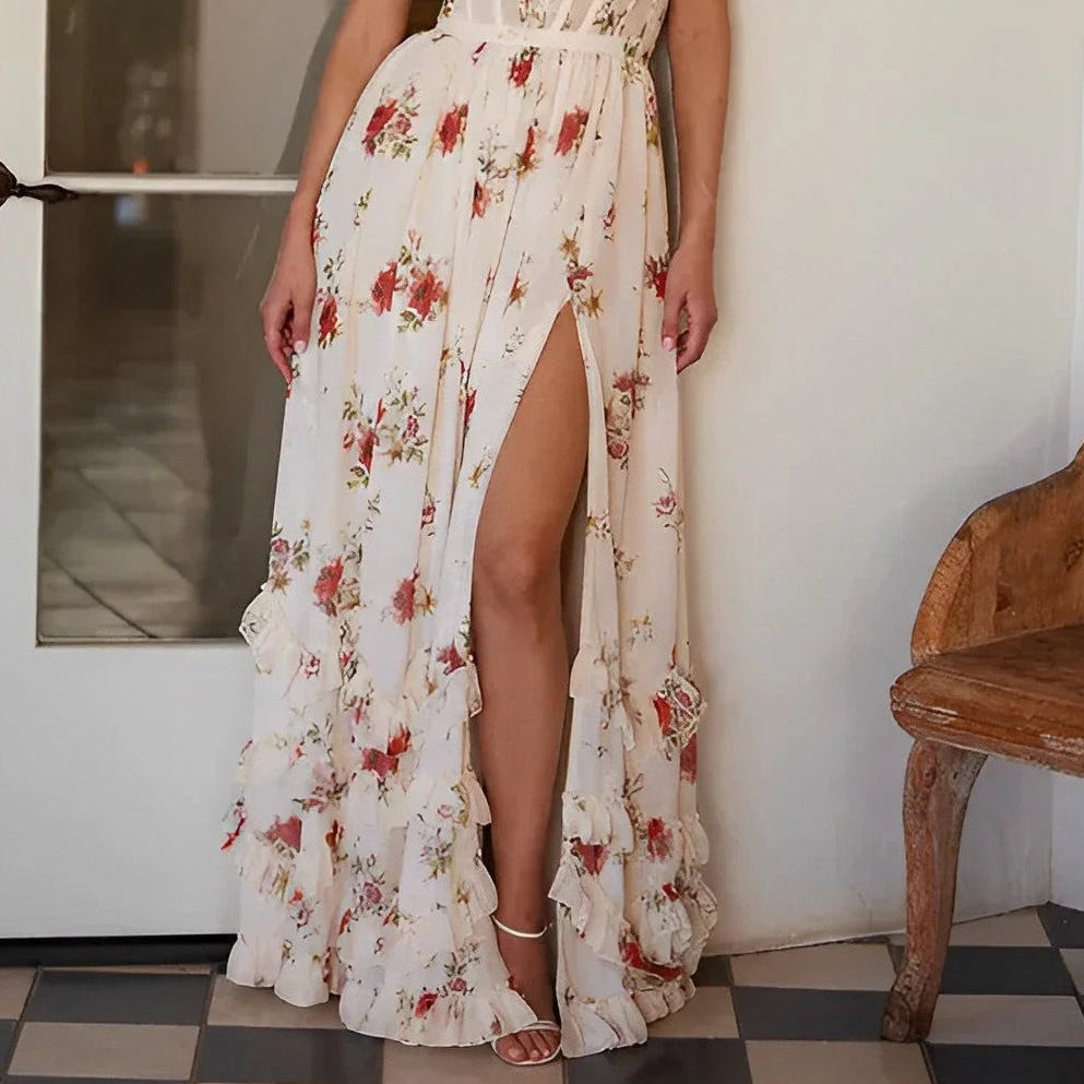 Women's Maxi Floral Dress with Frills and Slit for an Elegant and