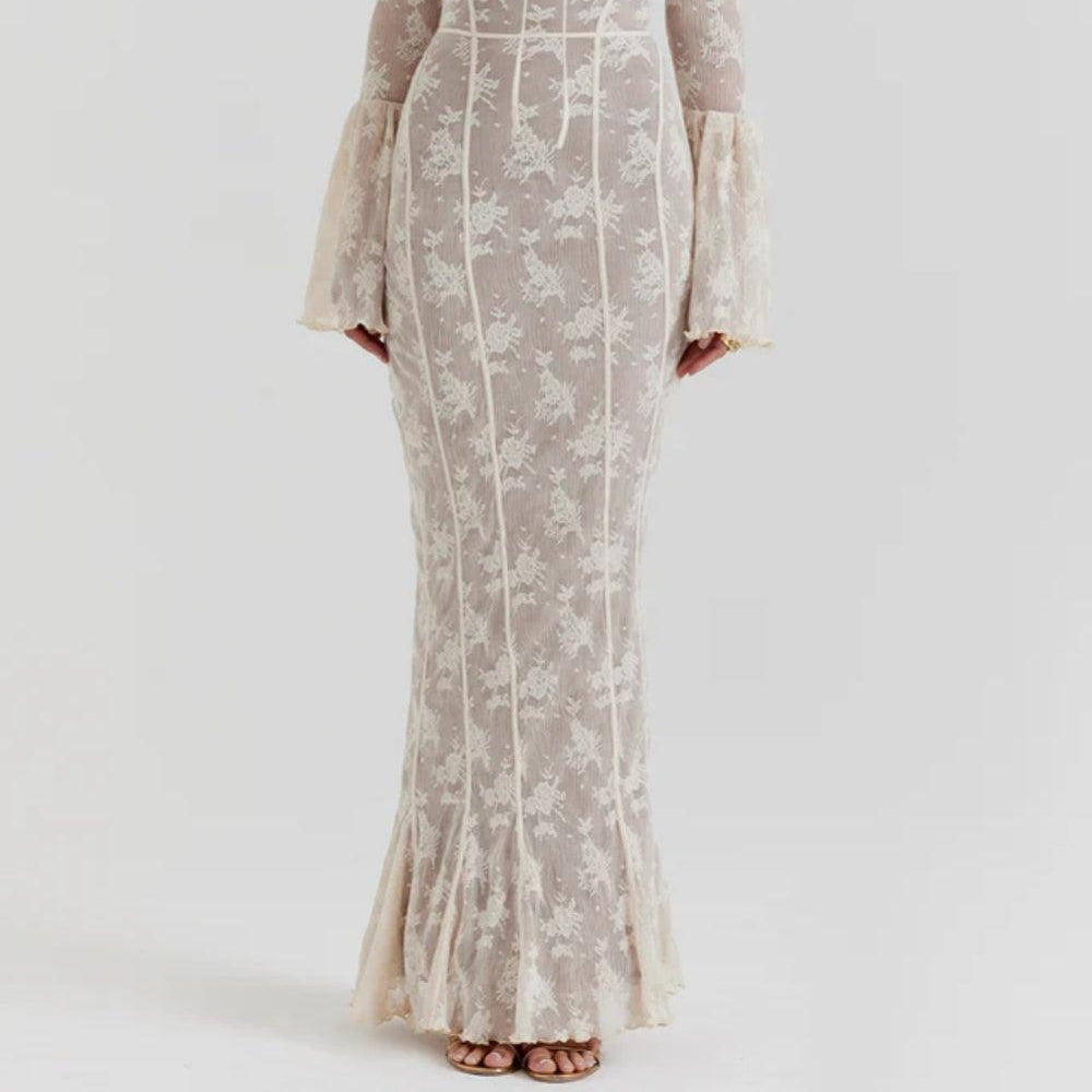 Women's Elegant Delilah Vintage Cream Lace Maxi Dress for Timeless
