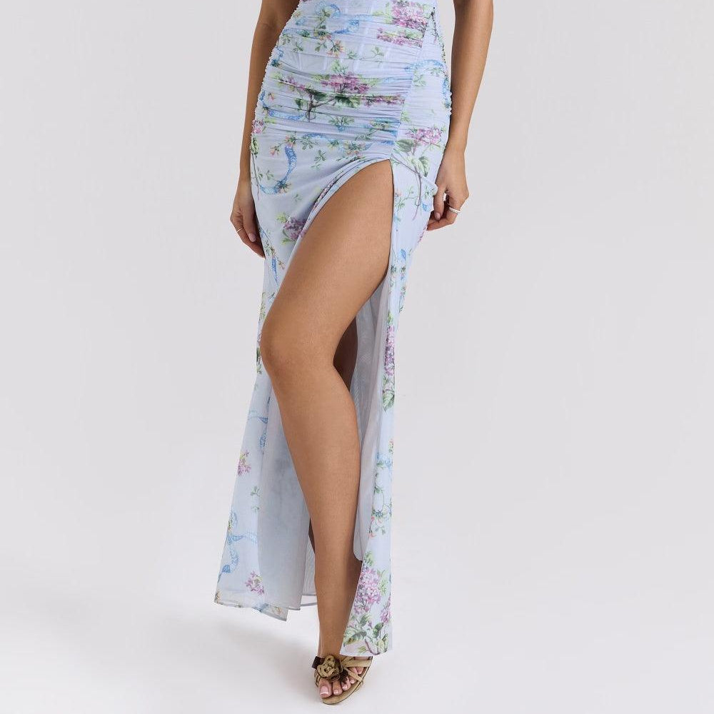 Women's Blue Loral Printed Mesh Maxi Dress for an Elegant and