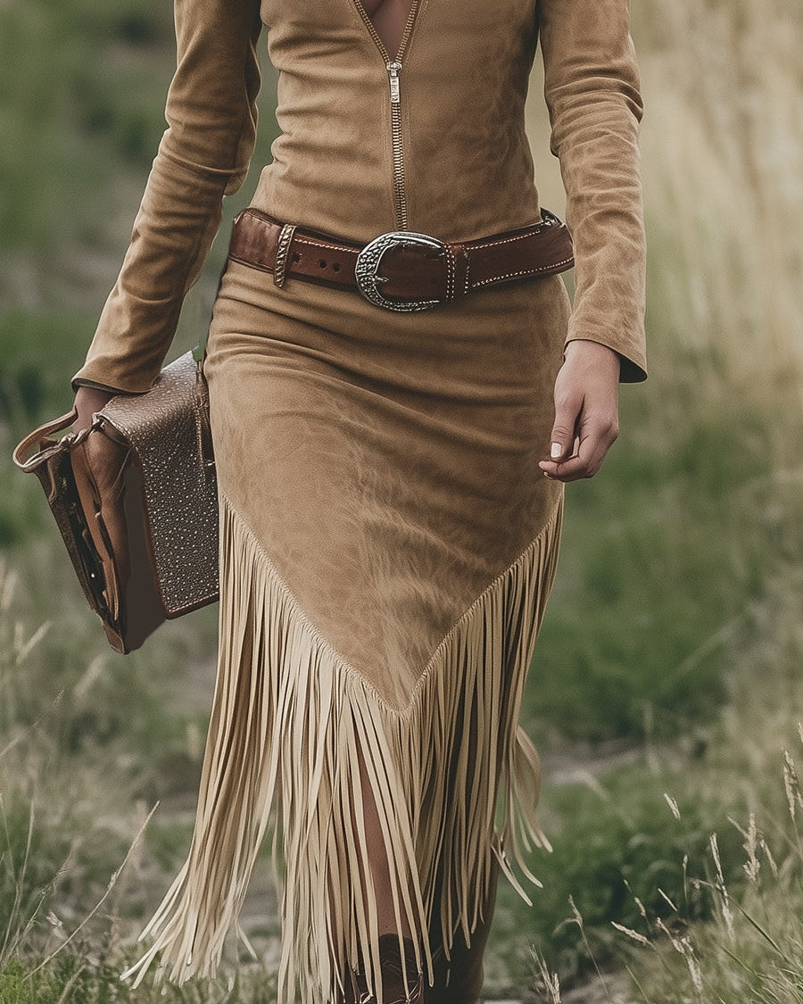 Chic Retro Western Midi Dress with Tassels