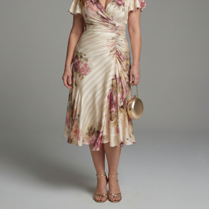 Katarina | Flutter Sleeve Wrap Floral Stripe Print Midi Dress