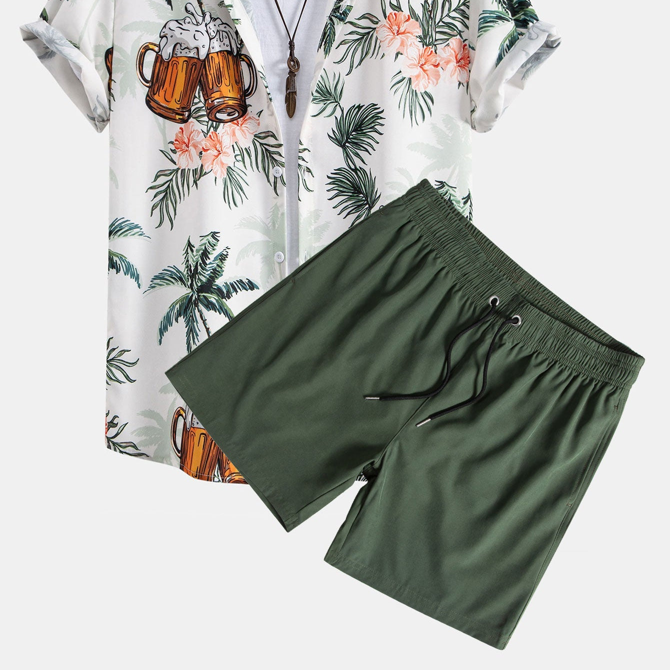 Men's Palm Tree Beer Print Button-Down Shirt & Solid Drawstring