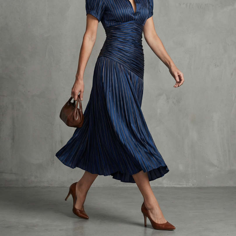 Theodora™ | Pleated Waist Stripe Midi Dress