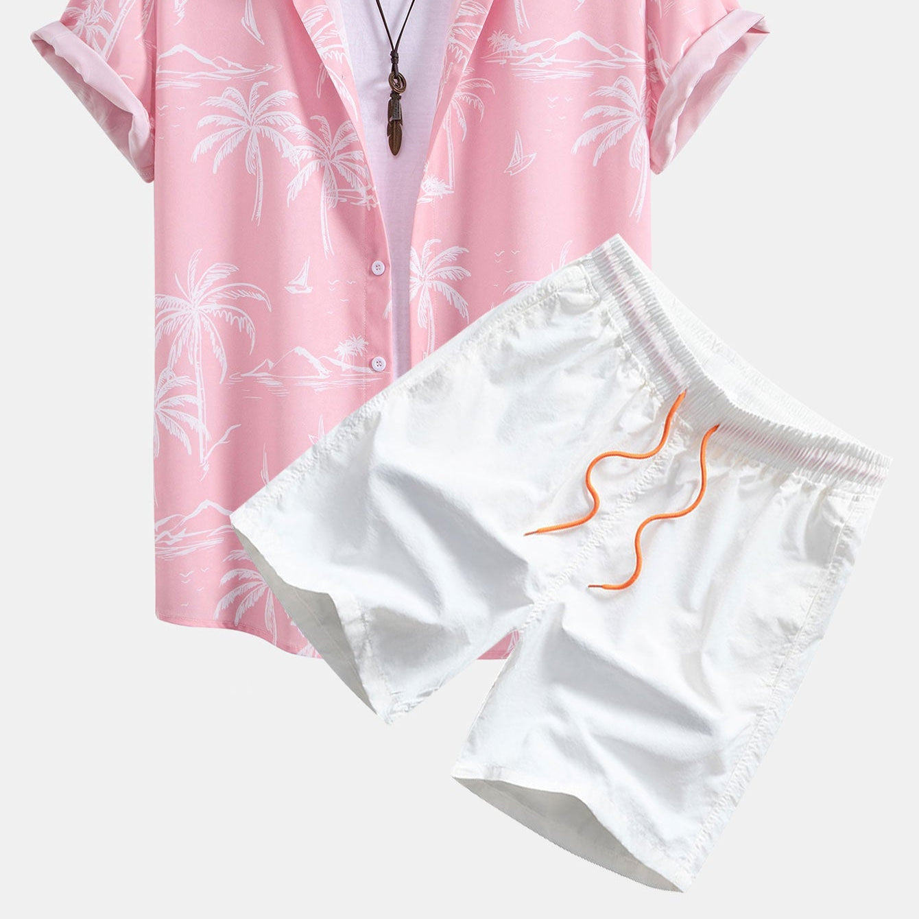 Men's Palm Tree Island Print Button-Up Shirt & Drawstring Swim