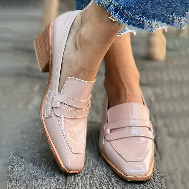 Women's Shiny Moccasins with Wide Heel – Sleek, Comfortable Footwear