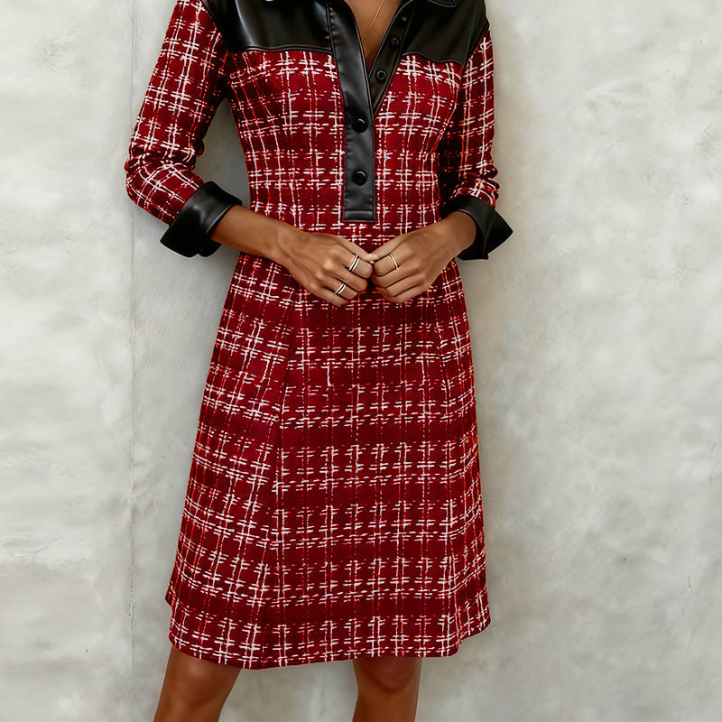 Chic Patchwork and Houndstooth Long-Sleeve Dress