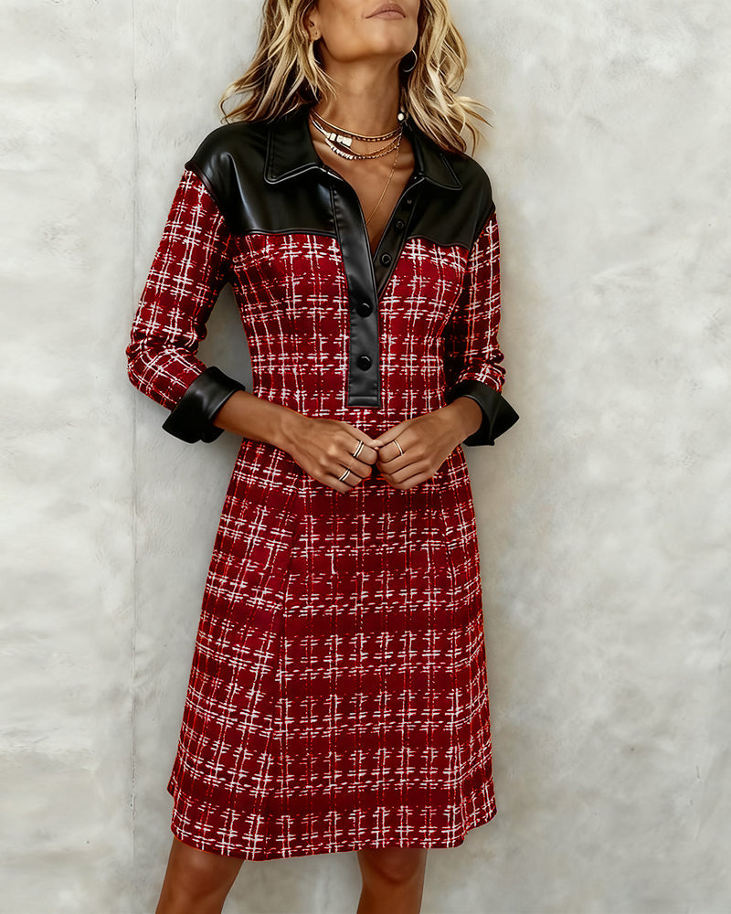 Chic Patchwork and Houndstooth Long-Sleeve Dress
