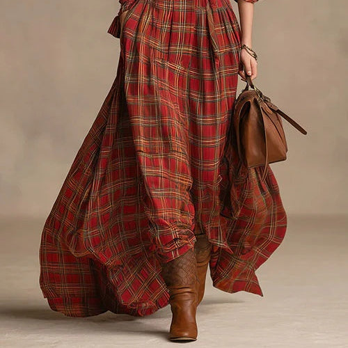 Women's Long plaid shirt maxi dress with long sleeves and buttons