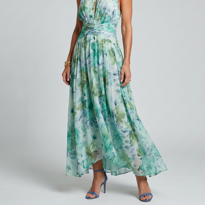 Portia | Pleated Halter Soft Floral Pattern Midi Dress