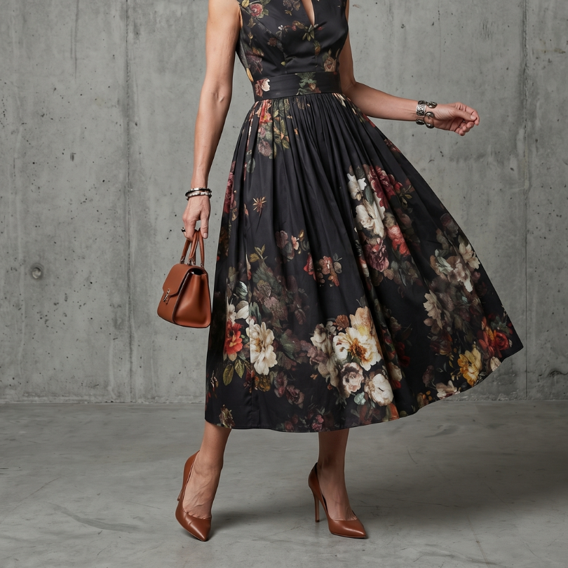 Greta | High Neck Keyhole Floral Pleated Midi Dress
