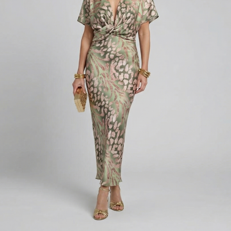 Lina & Emma™ | Abstract Print V Neck Twist Waist Midi Dress