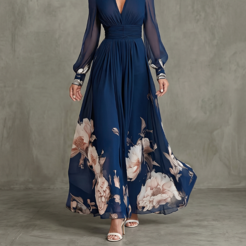 Ziva | Pleated Sheer Sleeves Maxi Dress