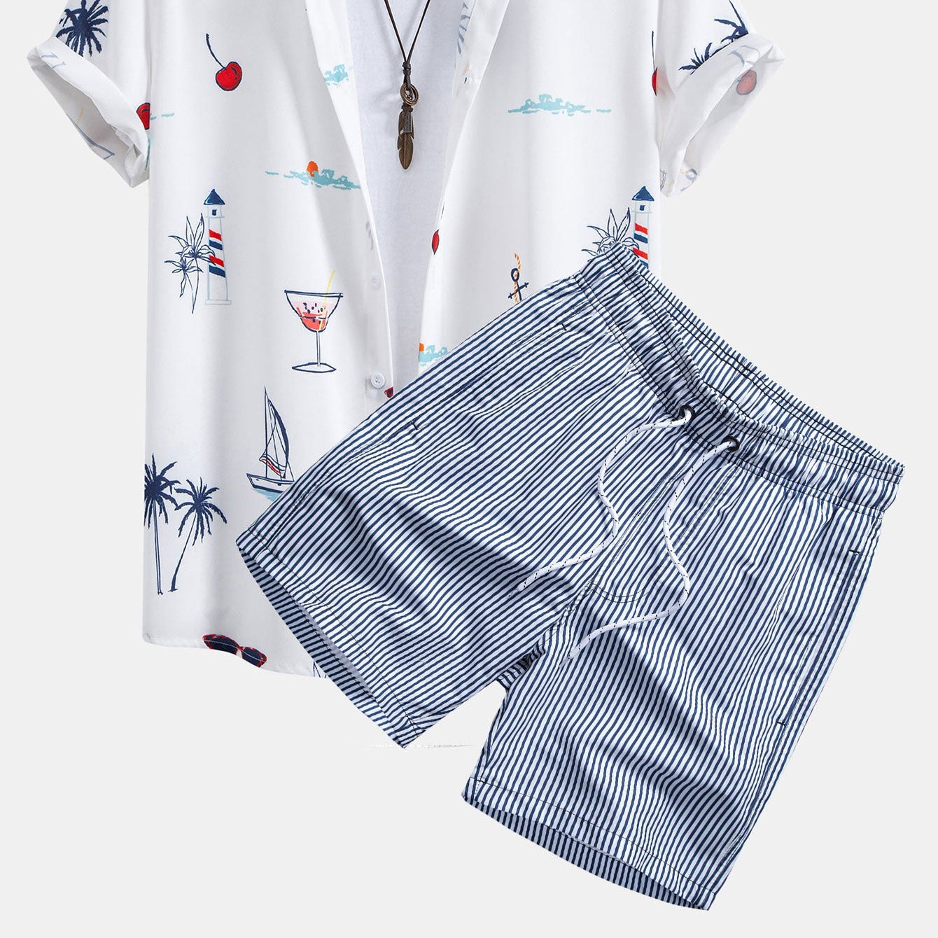 Men's Palm Tree Nautical Print Button-Down Shirt & Striped Swim Shorts