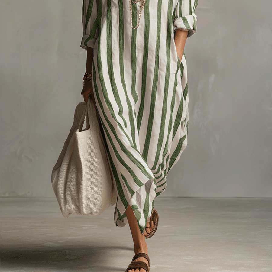 Women's Chic Casual Striped Shirt Maxi Dress