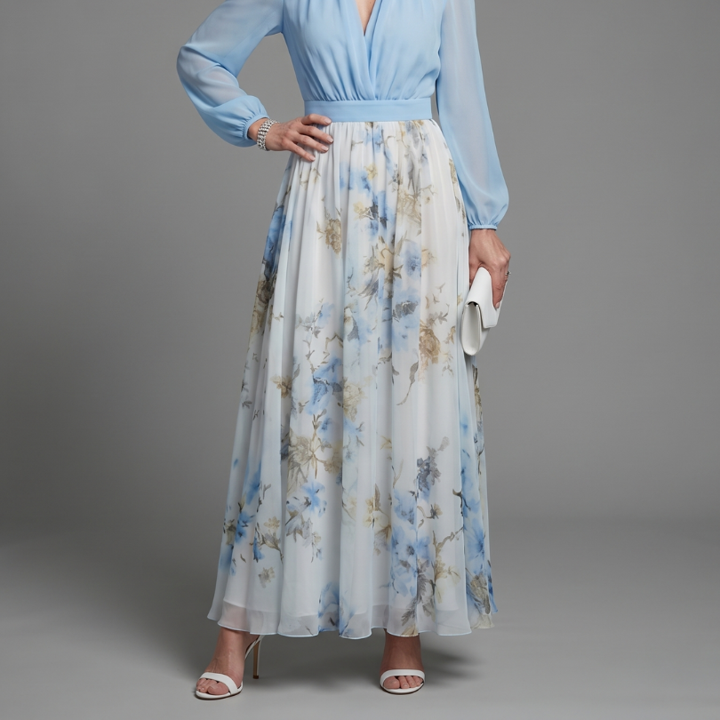Augusta | V Neck Sheer Bodice Floral Maxi Dress