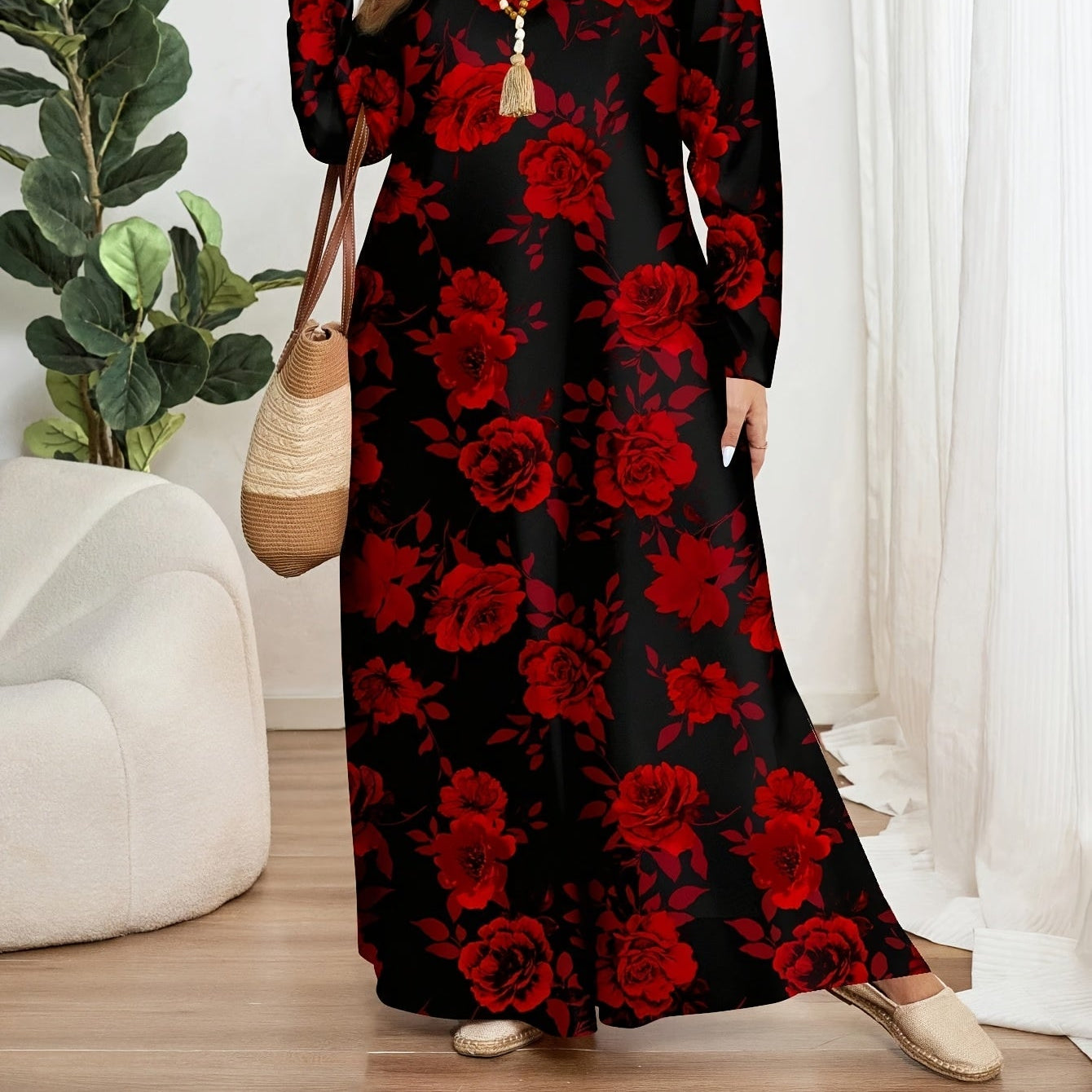 Women's Floral Maxi Dress - Elegant Bloom Print, Flowy Silhouette
