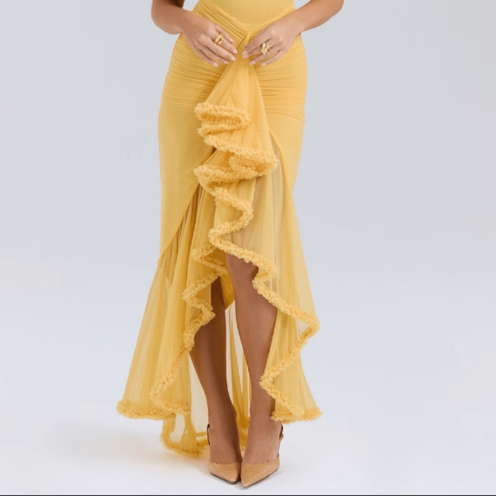 Women's Elegant dress with pleated detail in apricot with frill