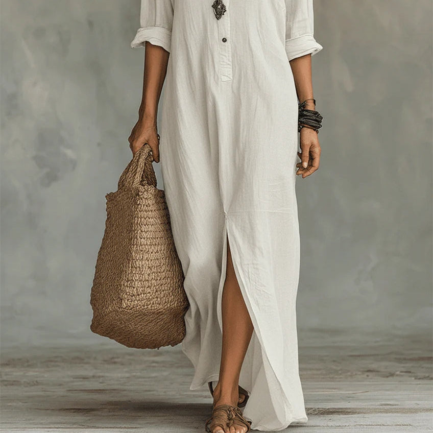 Soline™ | Loose Black Maxi Dress with Buttons