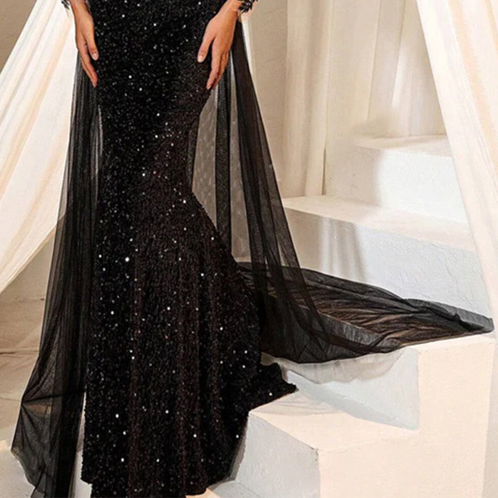 Women's Long evening gown in dark brown sequin lace