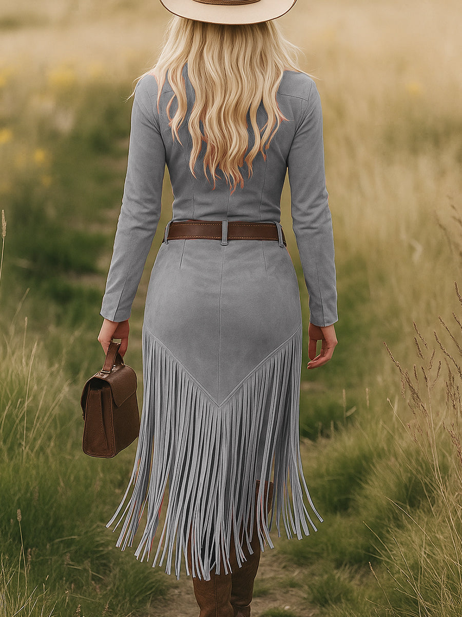 Chic Retro Western Midi Dress with Tassels