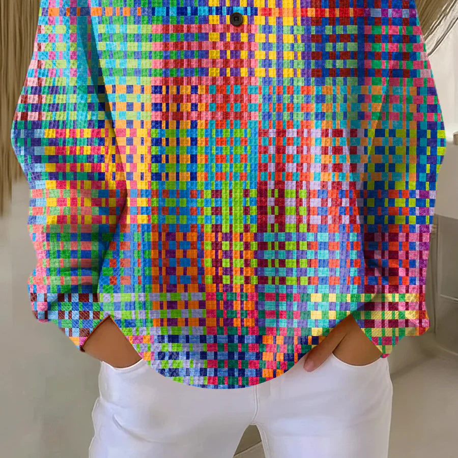 Women's Cozy Knit Sweater with Colorful Tartan Pattern