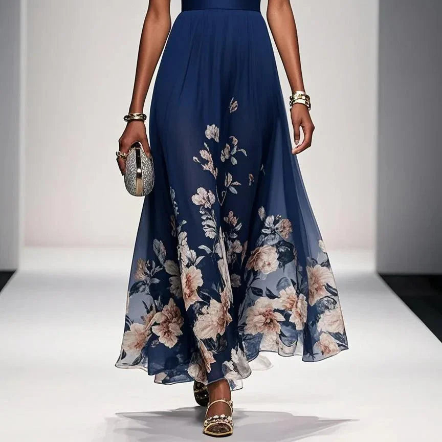Elegant Light Blue Floral Chiffon V-Neck Sleeveless A-Line Maxi Dress