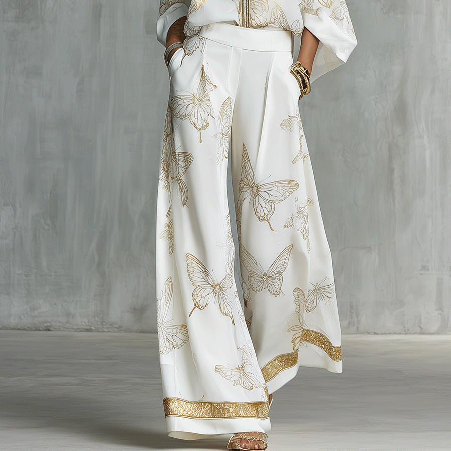 Women's Bohemian Luxe Butterfly Jacquard Blouse & Wide-Leg Pants