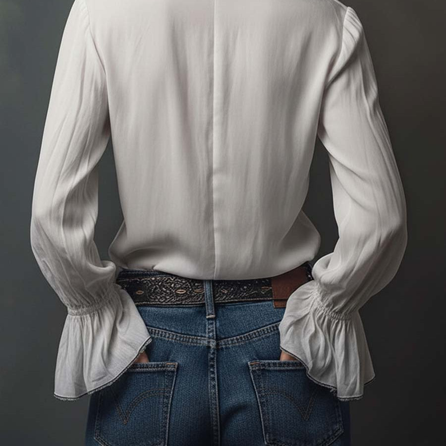 Women's White Ruffled Blouse with Zipper Detail
