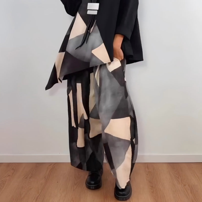 Casual Geometric-Print Two-Piece Set with Wide-Leg Pants