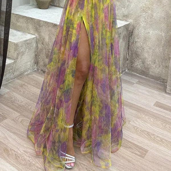 Women's Elegant pleated one-shoulder long dress with floral lace