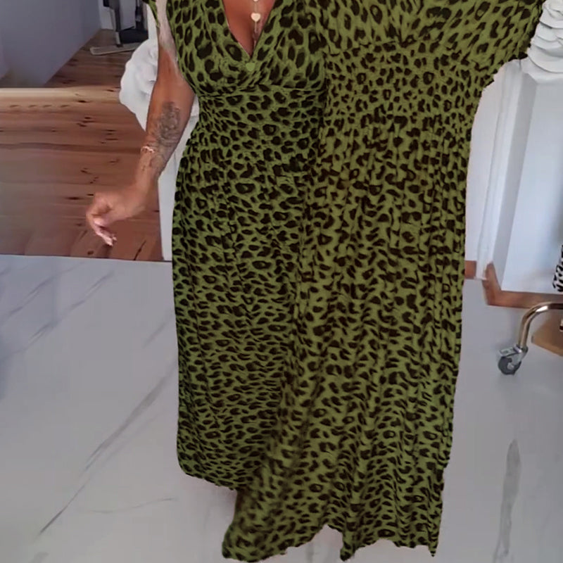 Chic Leopard Print V-Neck Dress – Elegant & Flattering