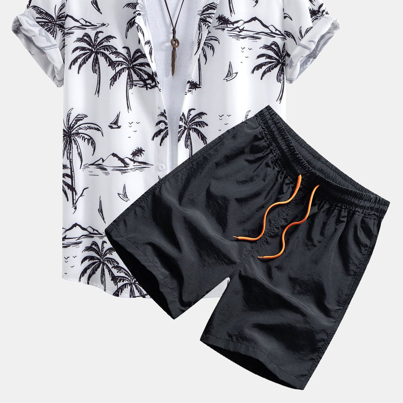 Men's Palm Tree Island Print Button-Up Shirt & Drawstring Swim