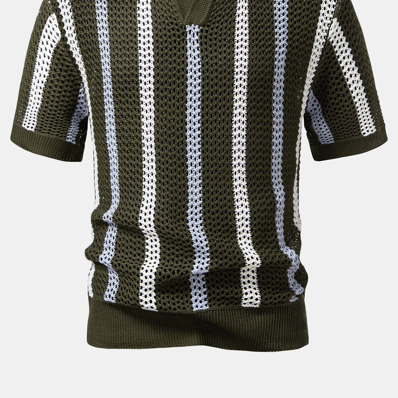 Men's Striped Crochet V-Neck Polo Shirt