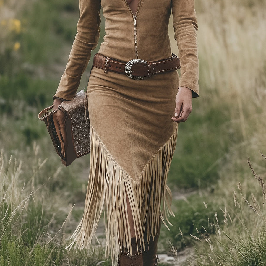 Chic Retro Western Midi Dress with Tassels