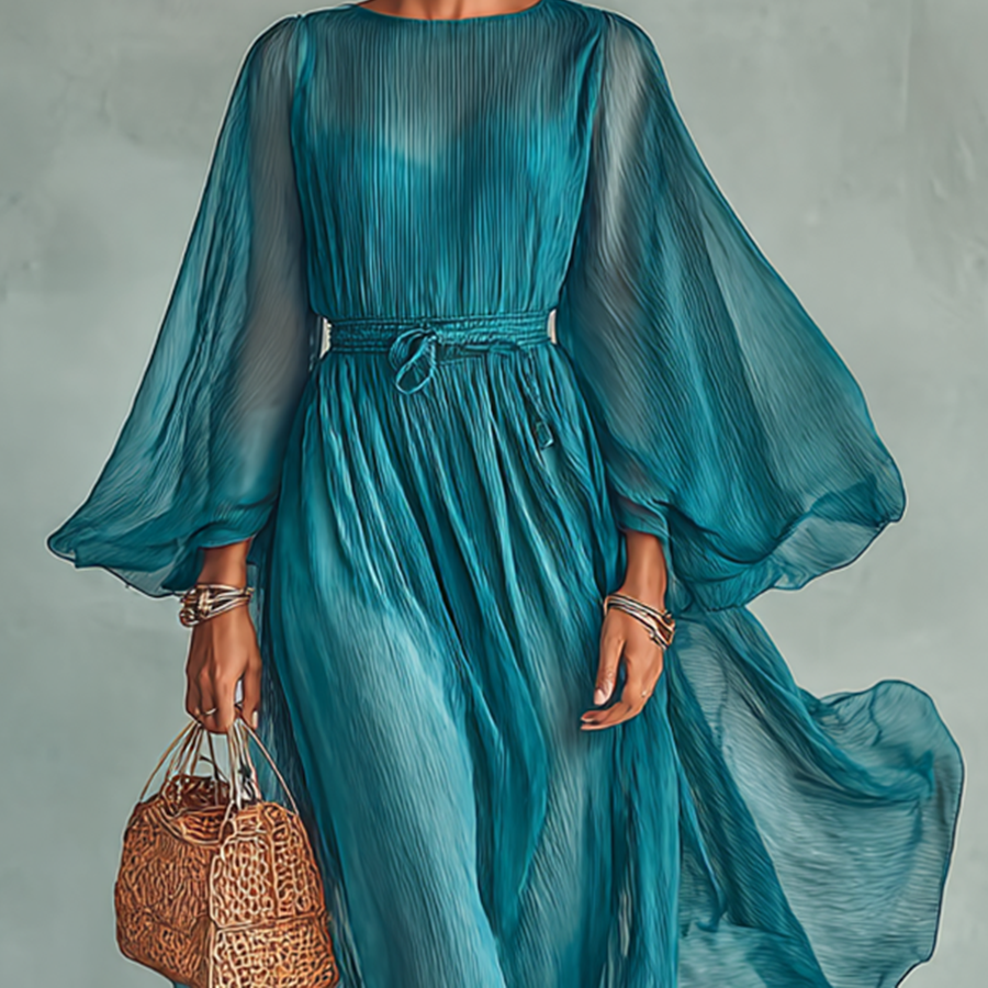 Elegant Maxi Dress for Women – Round Neck, Long Sleeves, and