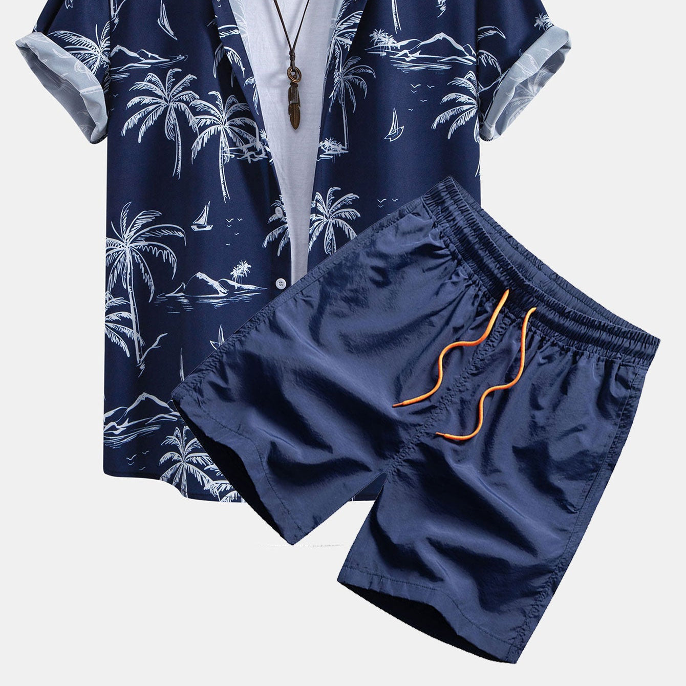 Men's Palm Tree Island Print Button-Up Shirt & Drawstring Swim