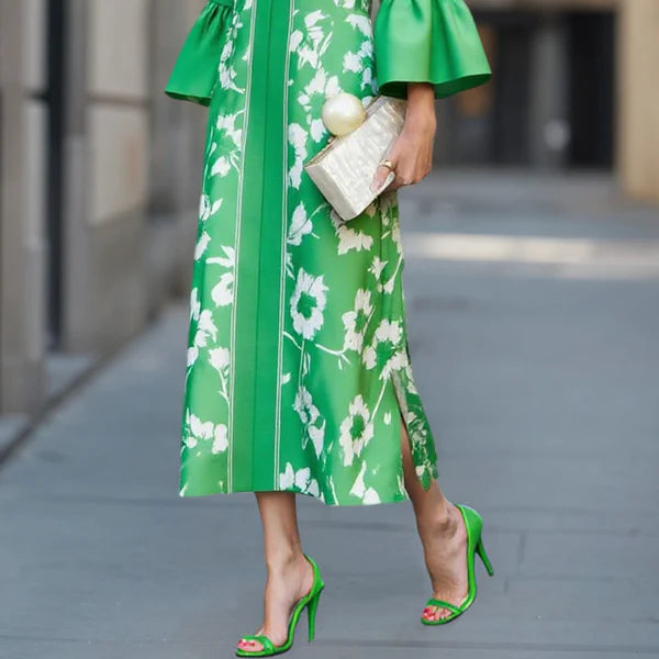 Women's Flowy Maxi Dress with Bell Sleeves and Floral Pattern with