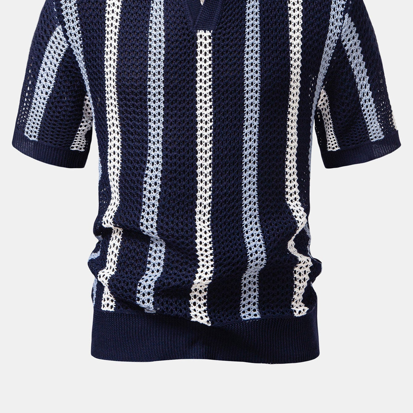 Men's Striped Crochet V-Neck Polo Shirt