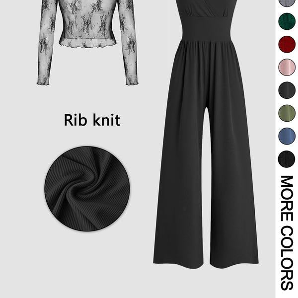 Women's Solid Color Lace Tee & Pocket Jumpsuit Set