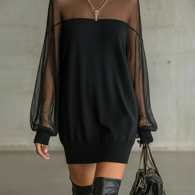 Chic Solid-Color Lantern-Sleeve Patchwork Dress