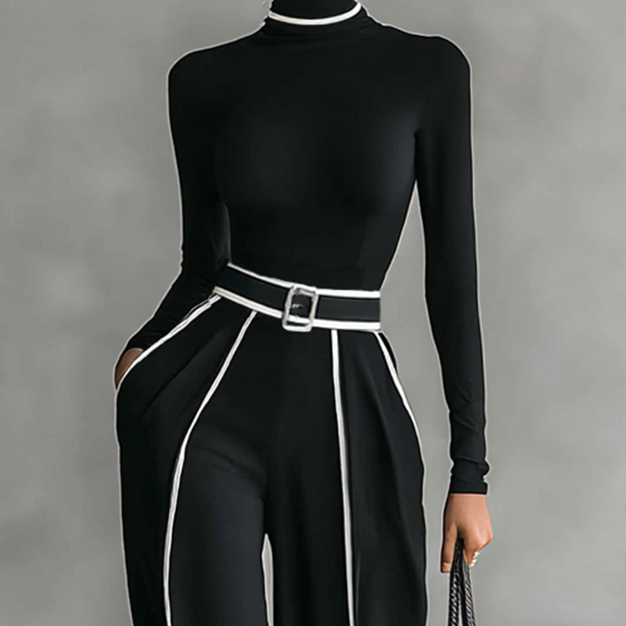 Chic Women's Two-Piece Set: High-Neck Long-Sleeve Top, Wide-Leg